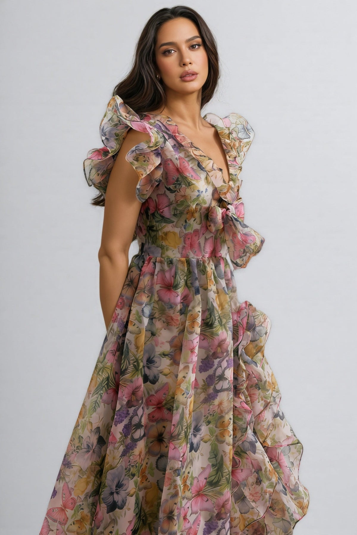Bella Butterfly Print Ruffle Chiffon Maxi Dress - View 5