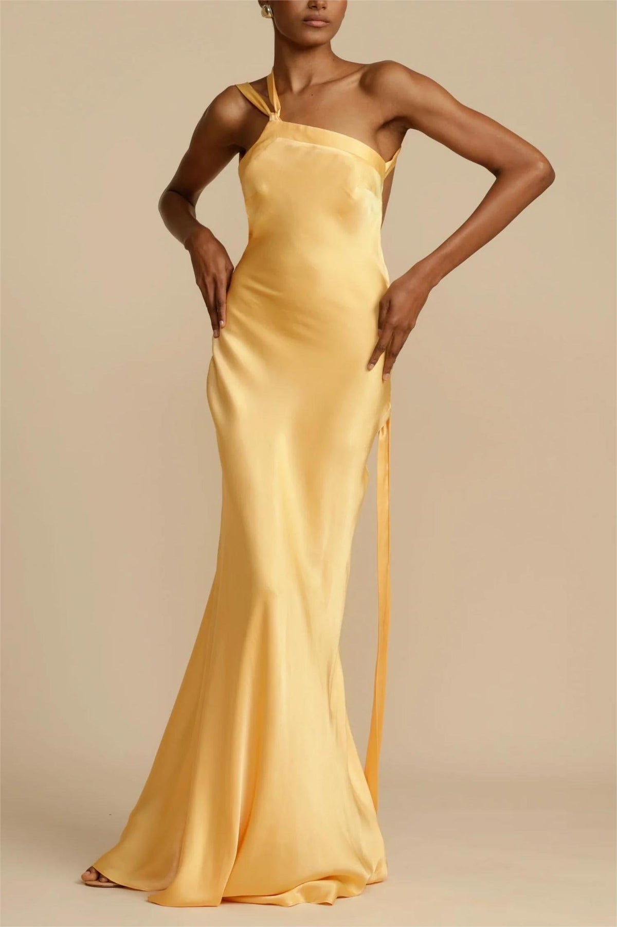 Moonlit Soiree Satin Asymmetrical One Shoulder Maxi Dress - View 9