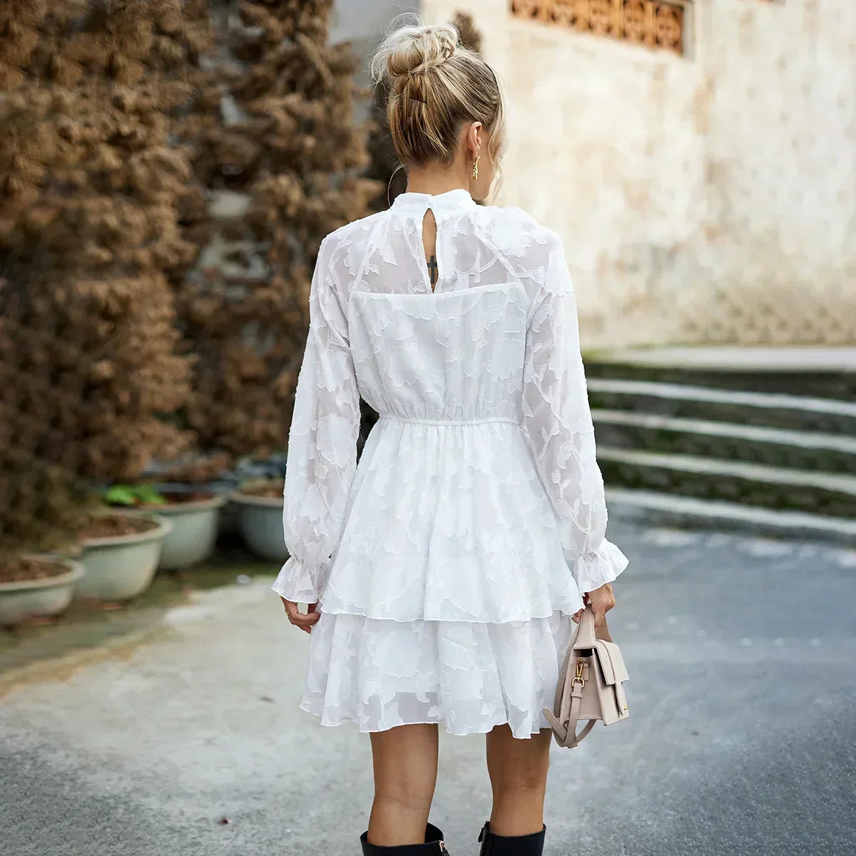 Jacquard Floral High Neck Sheer Ruffle Cuff Mini Dress - View 3