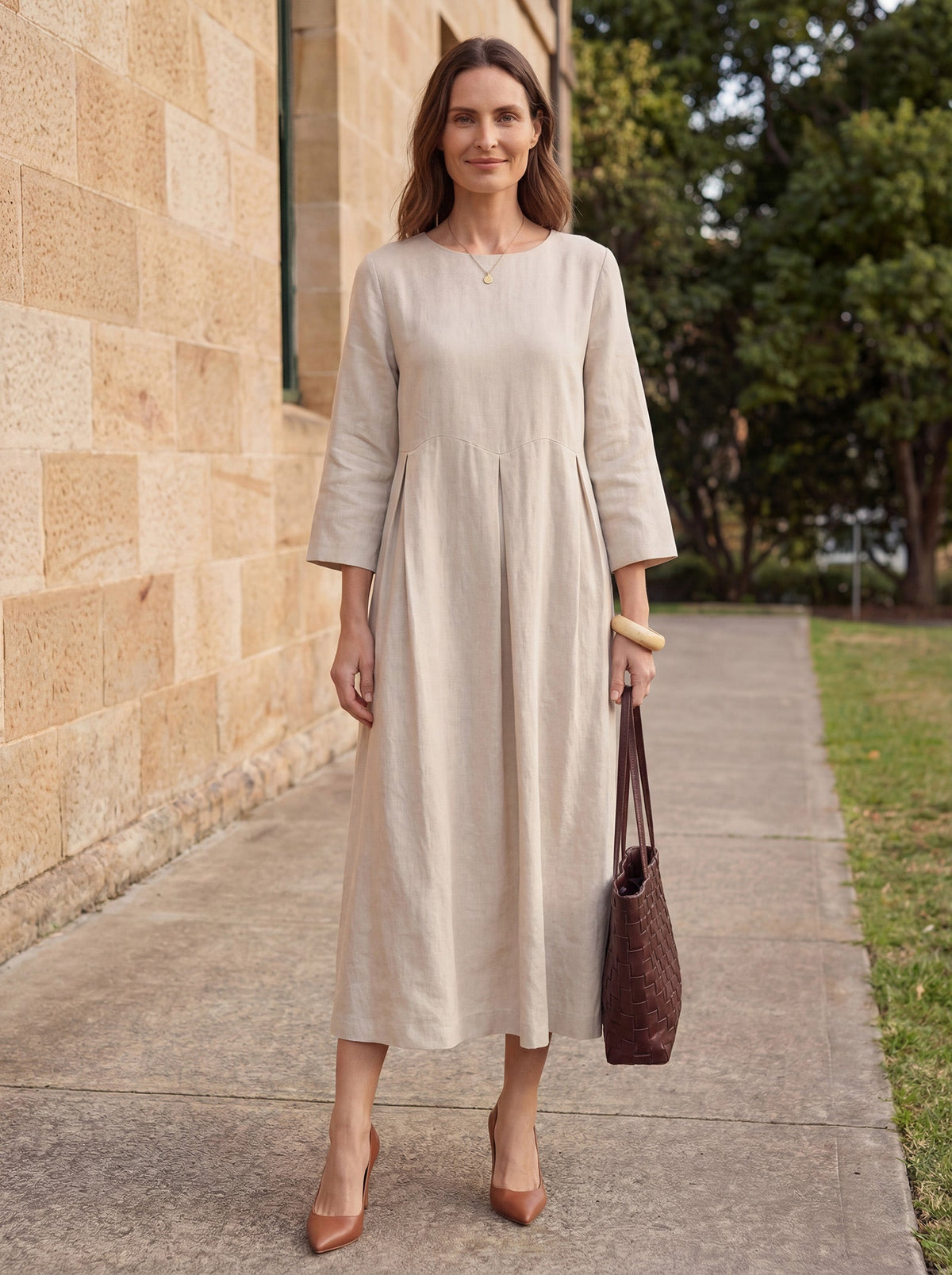 Pleated Round Neck Pocket A-Line Maxi Dress 3