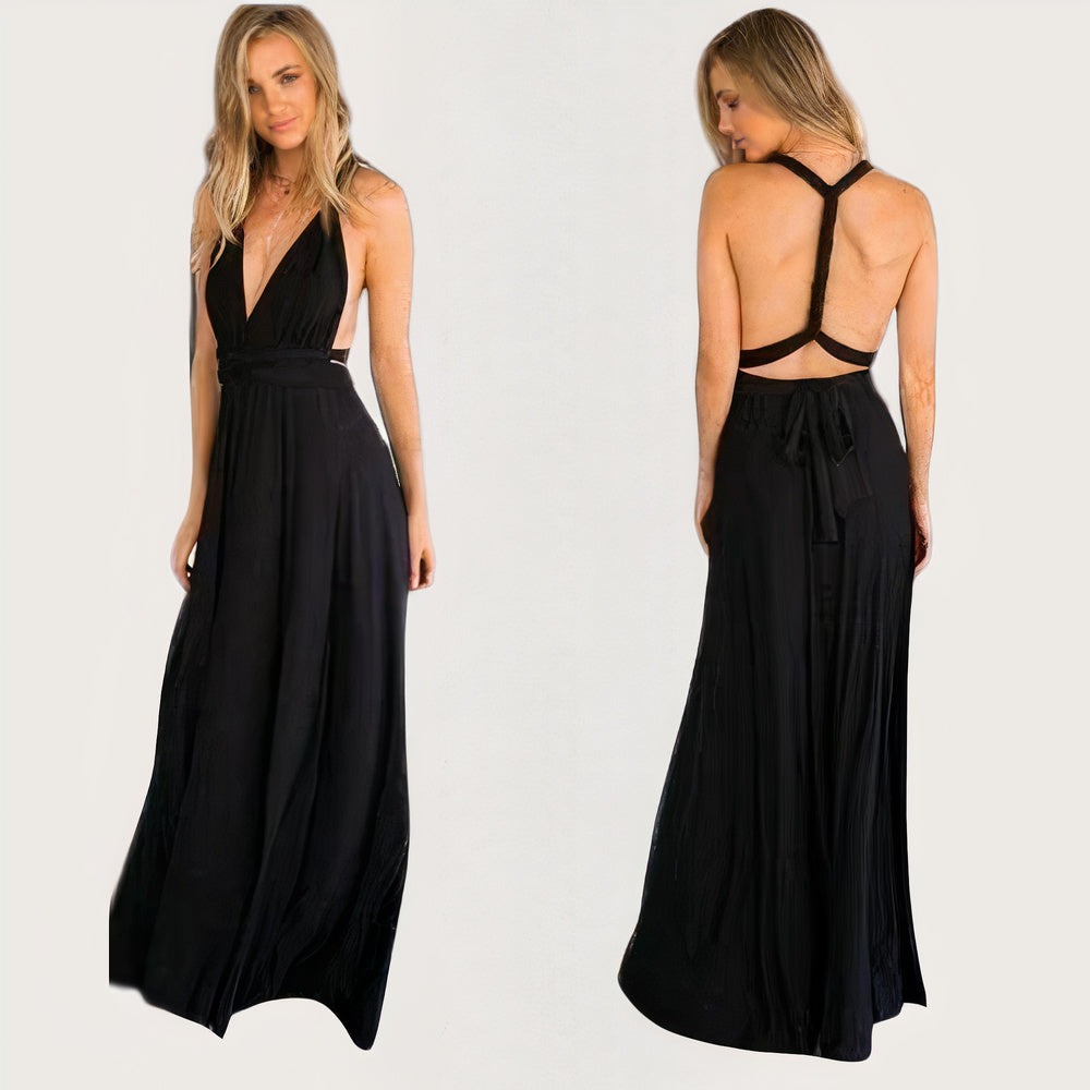 Convertible Wrap Halter Neck Backless Tie Back High Split Maxi Gown - View 4