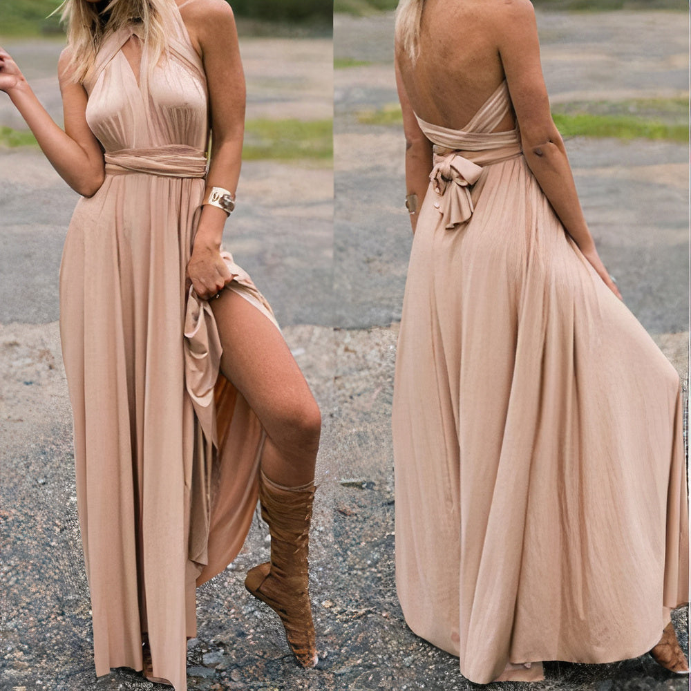 Convertible Wrap Halter Neck Backless Tie Back High Split Maxi Gown