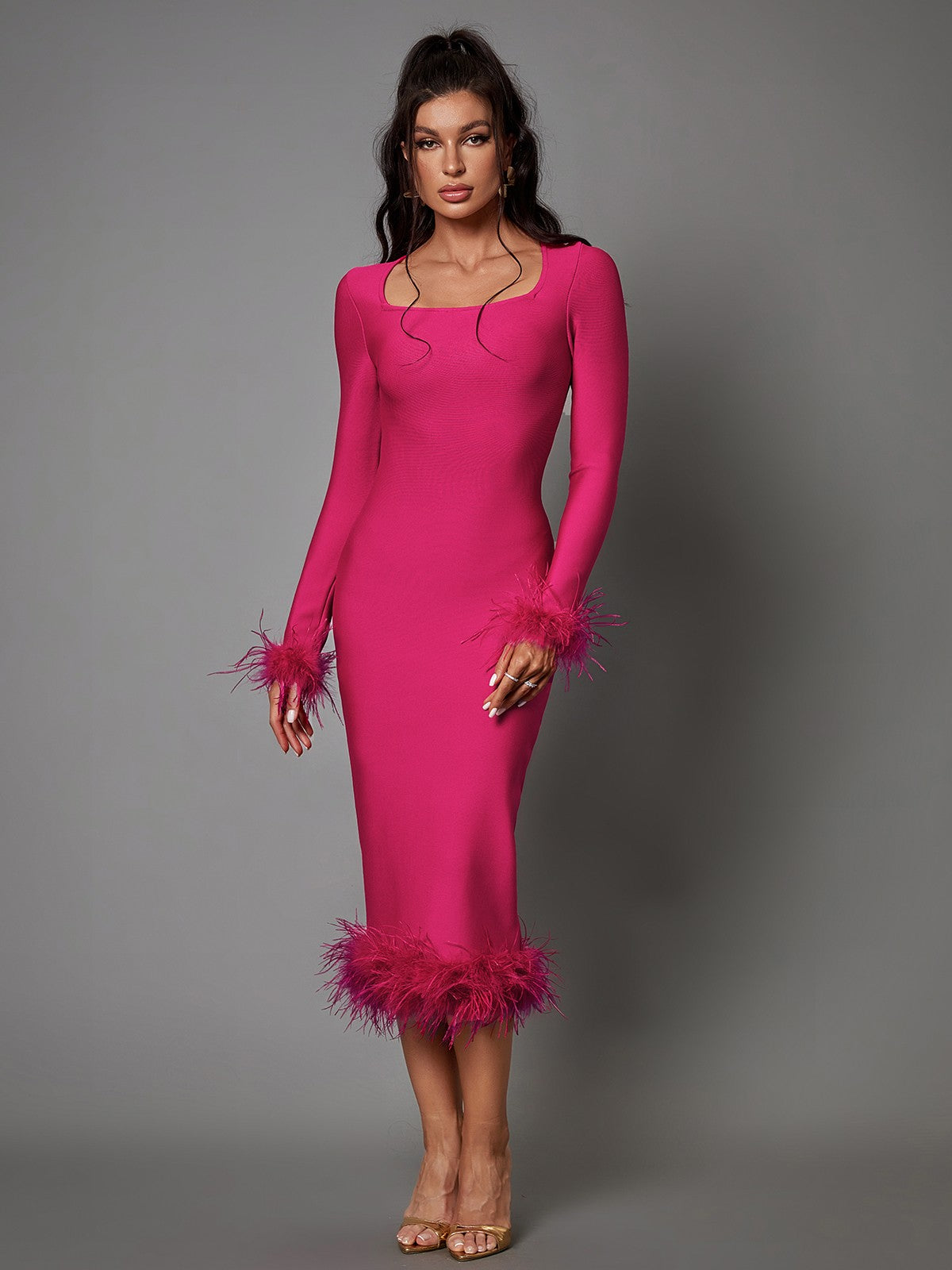 Square Neck Long Sleeve Feather Trim Bandage Bodycon Midi Dress