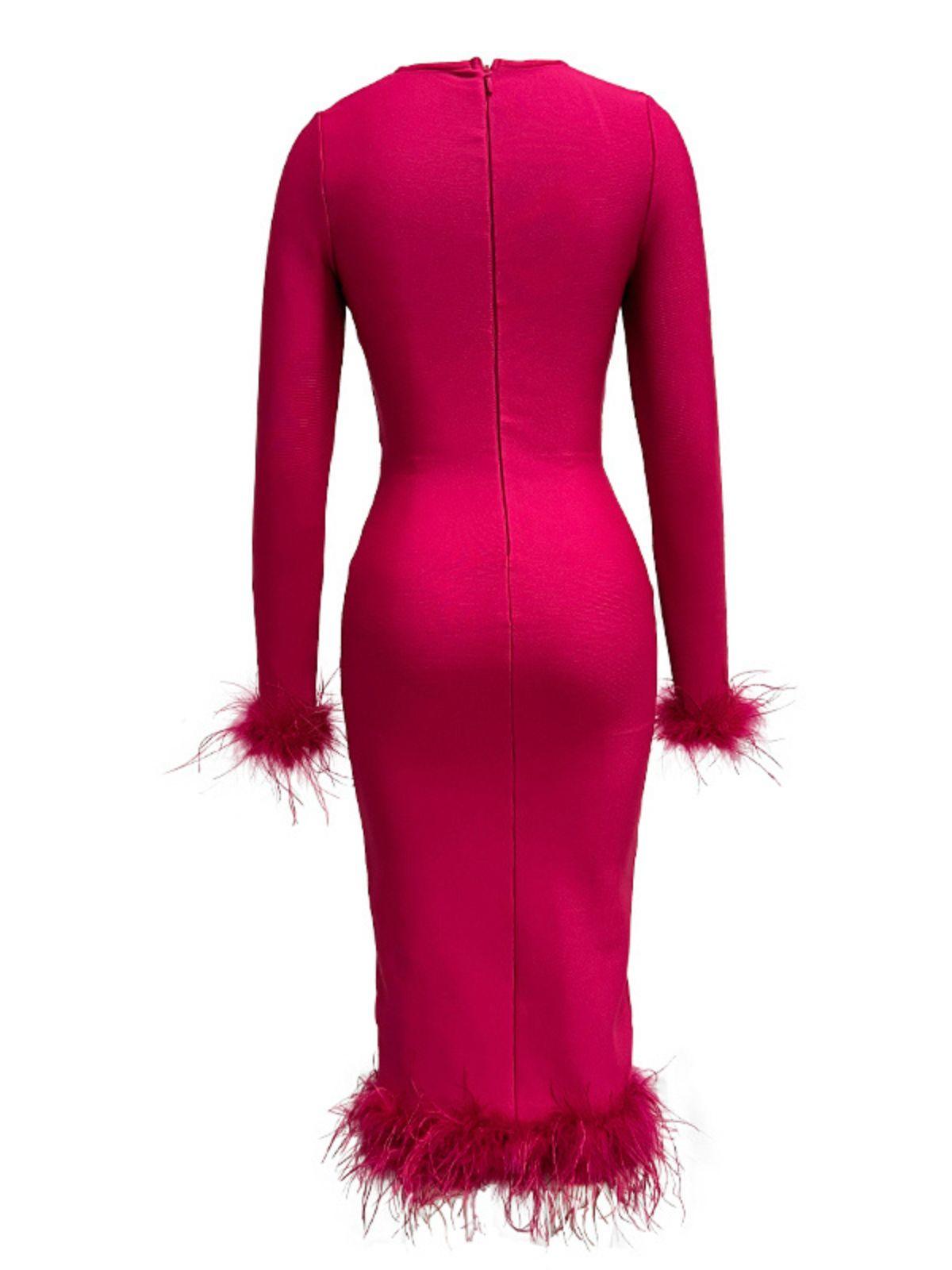Square Neck Long Sleeve Feather Trim Bandage Bodycon Midi Dress - View 7