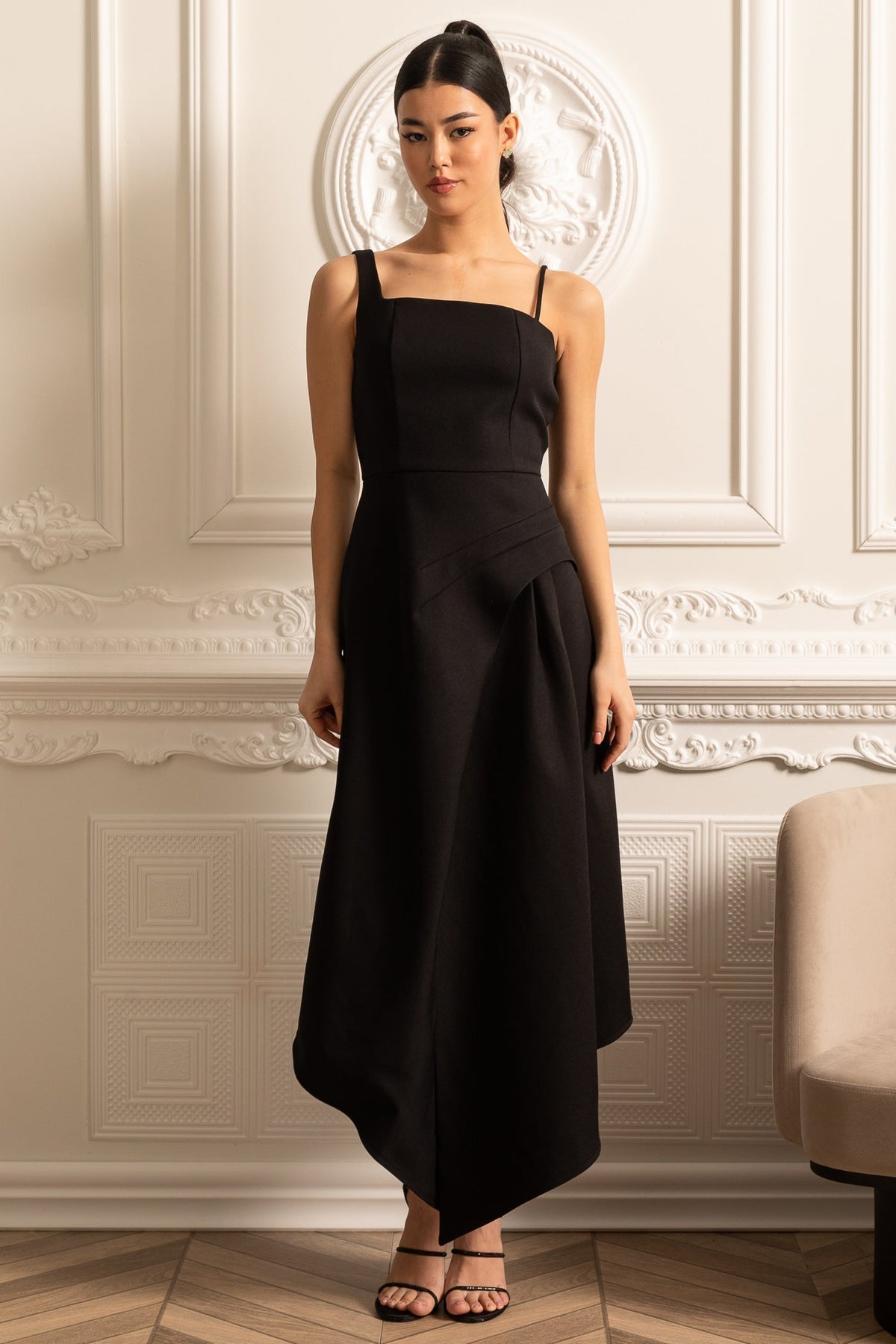 Structured Capelet Overlay Asymmetrical Wrap Drape Midi Dress - View 21