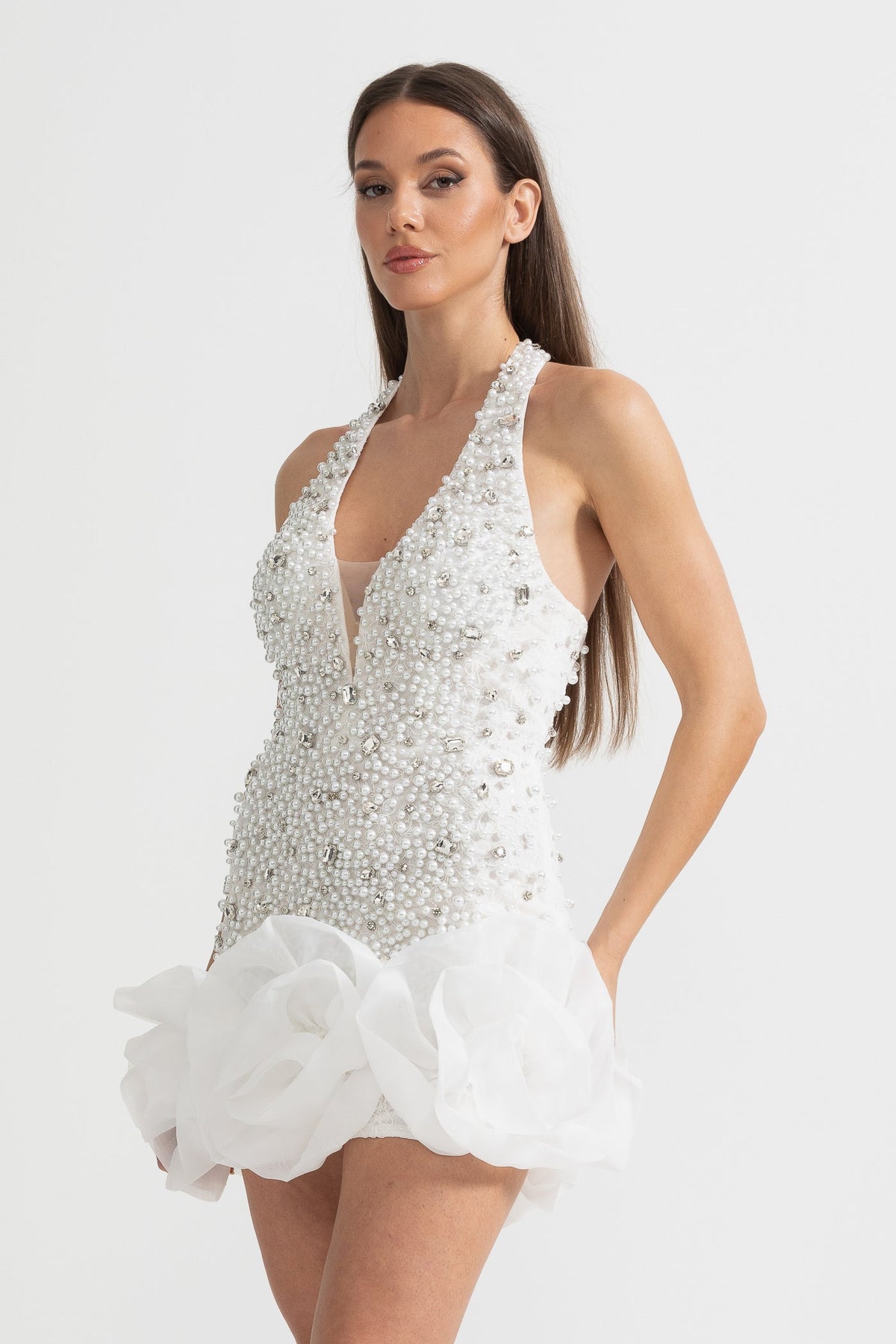 Pearl Rhinestone Halter Neck Deep V-Neck 3D Ruffle Mini Dress - View 5