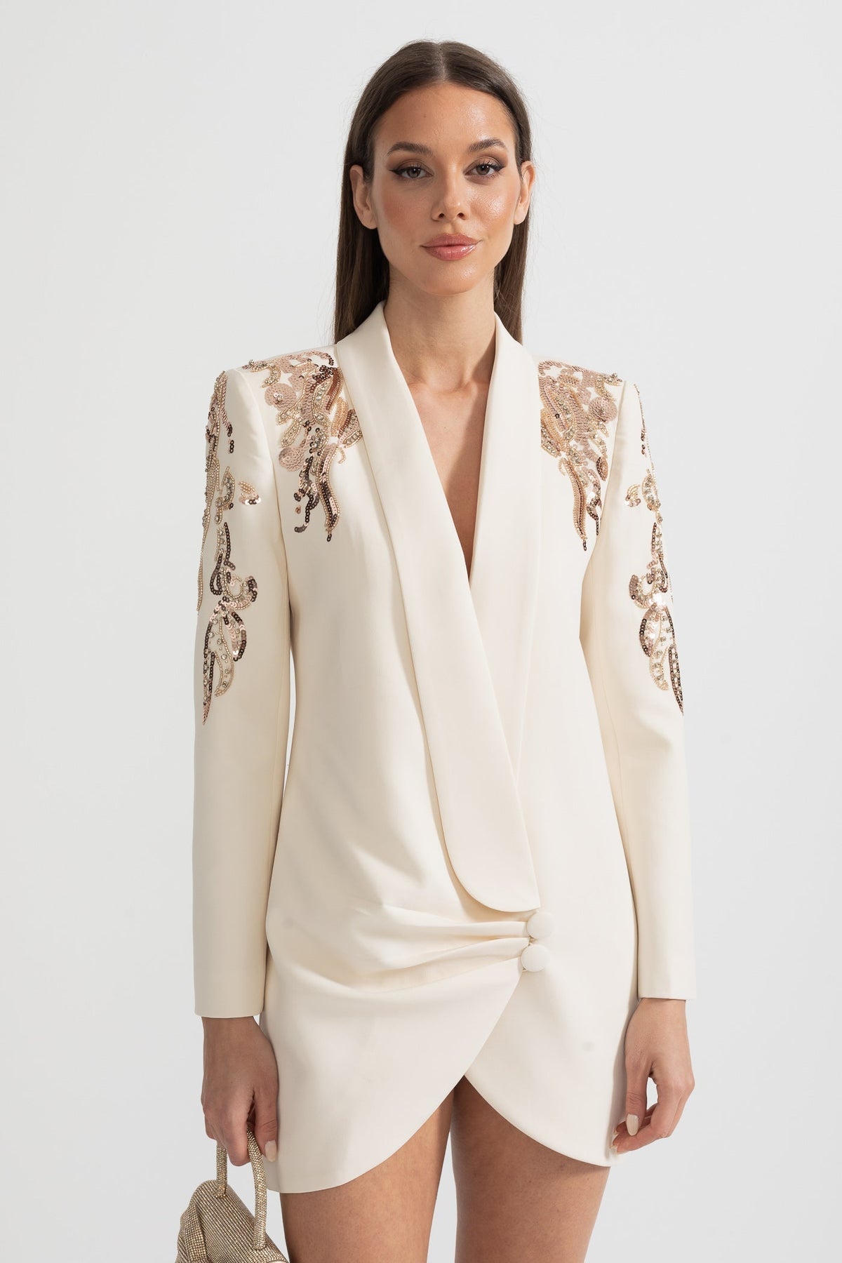 Sequin Shoulder Embroidery Deep V-Neck Wrap Ruched Mini Blazer Dress
