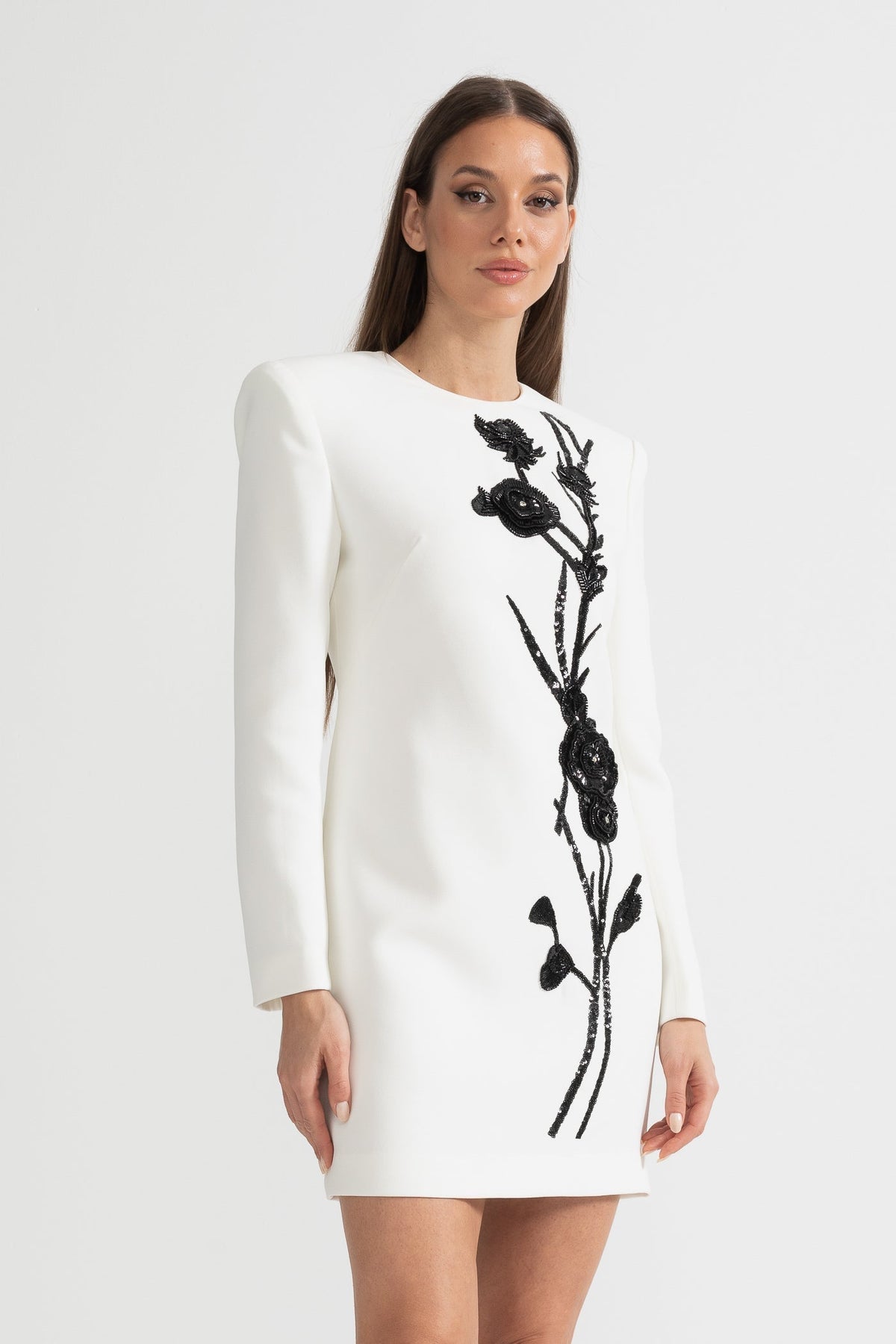 Long Sleeved Mini Dress With Contrasting Floral Embroidery - White - View 7