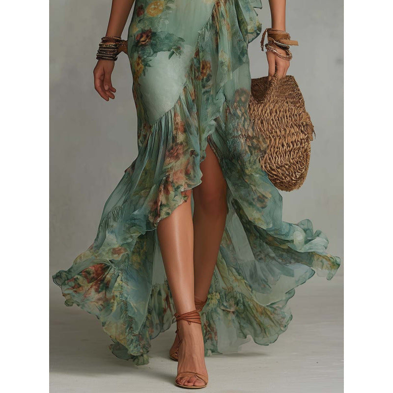 Deep V-Neck Long Sleeve Floral Ruffle High Low Wrap Maxi Dress 3