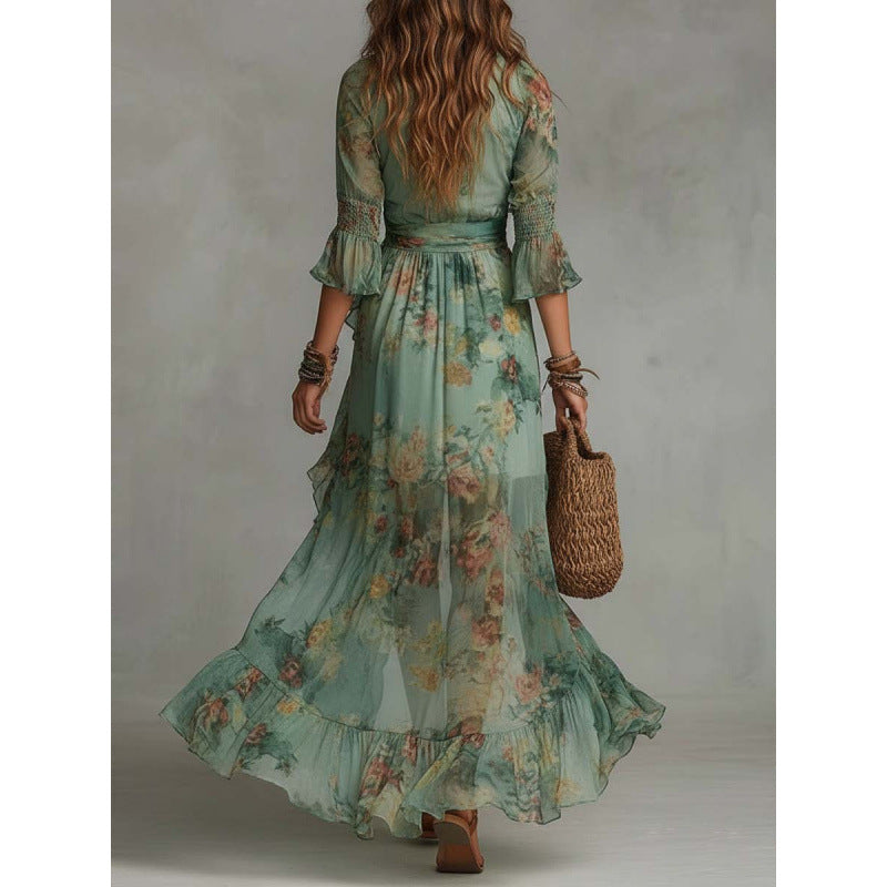 Deep V-Neck Long Sleeve Floral Ruffle High Low Wrap Maxi Dress 4