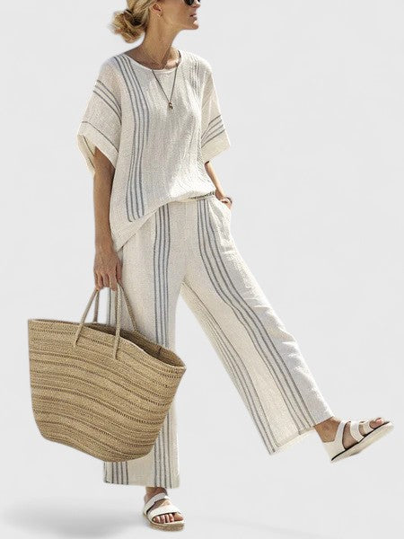 Striped Short Sleeve Top and Wide Leg Pants Two Piece Set 4