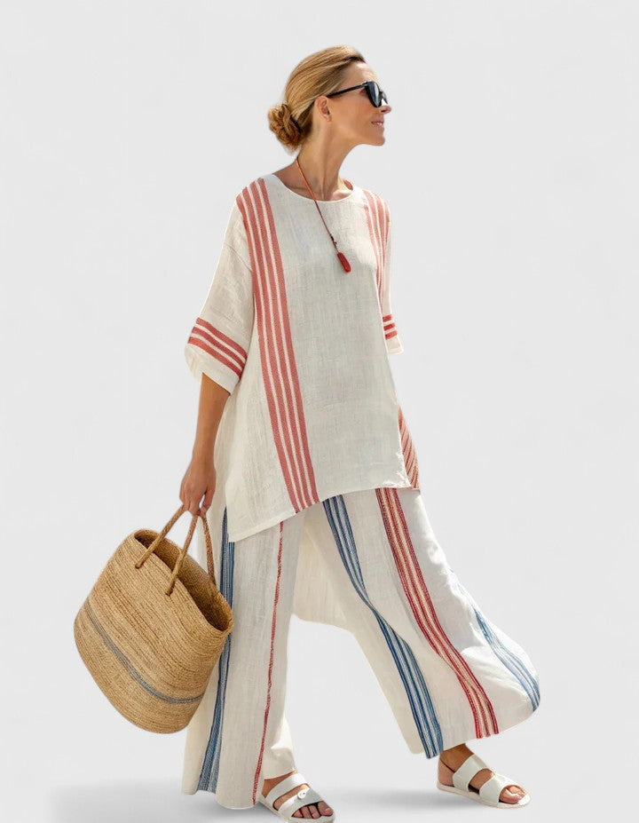 Striped Short Sleeve Top and Wide Leg Pants Two Piece Set 9