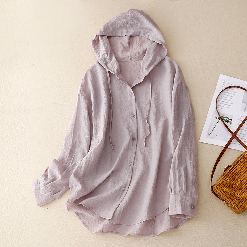 Hooded Button Front Long Sleeve Linen Shirt