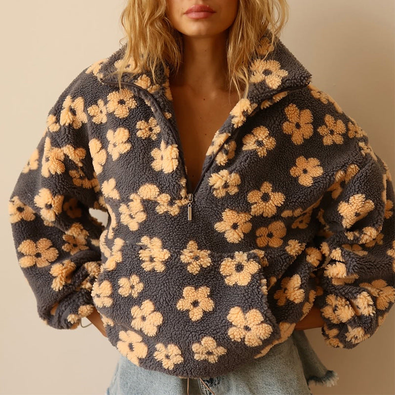 Floral Sherpa Fleece Collared Half Zip Pullover 4