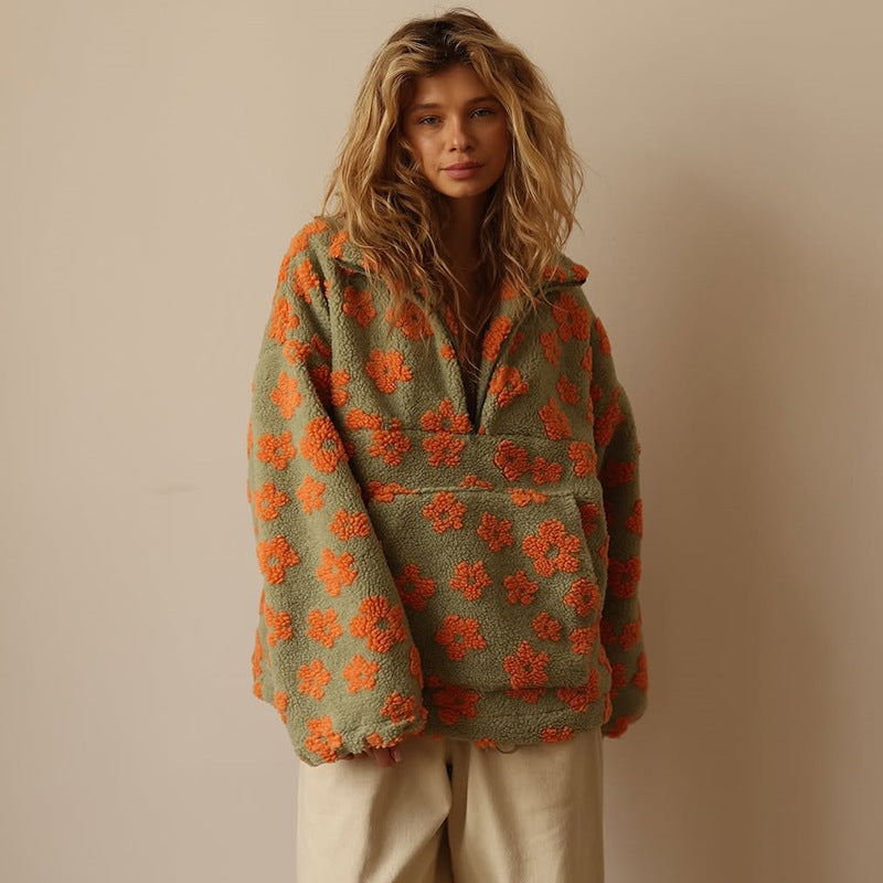 Floral Sherpa Fleece Collared Half Zip Pullover 3