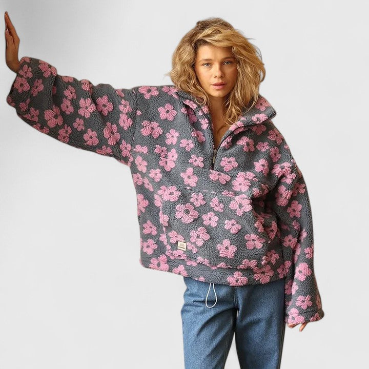 Floral Sherpa Fleece Half Zip Pullover Sweatshirt 2