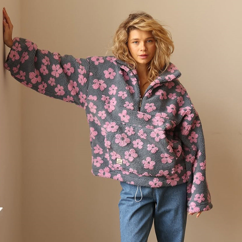 Floral Sherpa Fleece Collared Half Zip Pullover 2