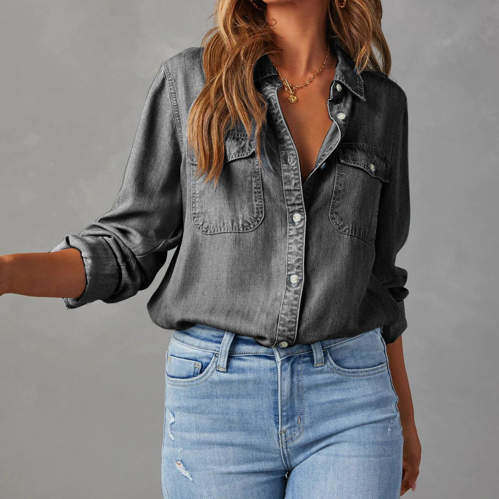 Denim Look Collared Button Front Long Sleeve Shirt 3