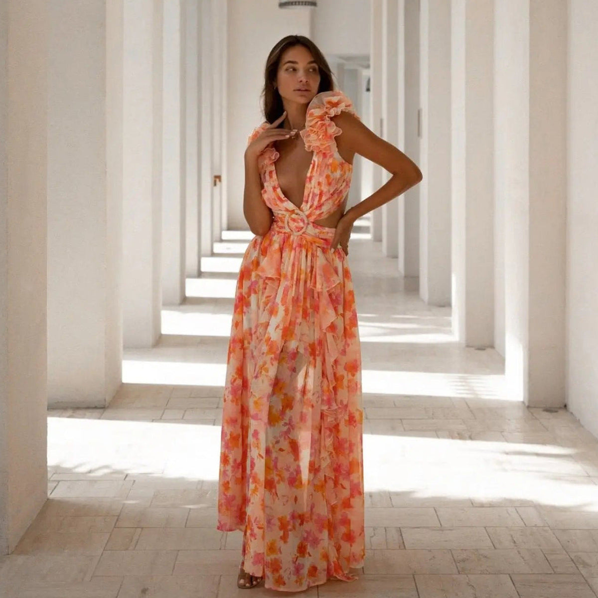 Floral Print Deep V-Neck Ruffle Shoulder Cut Out Maxi Dress - View 8