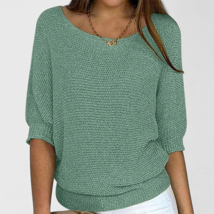 Boat Neck Batwing Sleeve Ribbed Hem Loose Knit Sweater 2