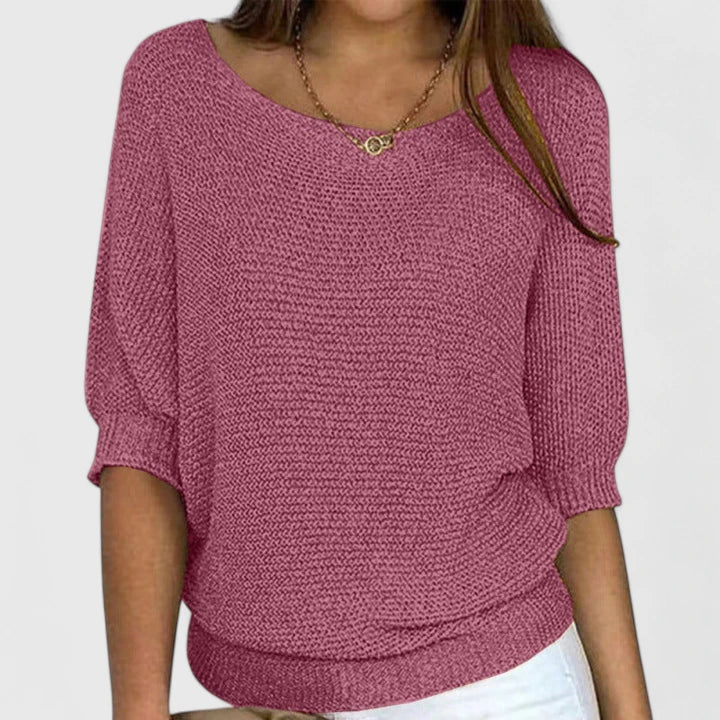 Boat Neck Batwing Sleeve Ribbed Hem Loose Knit Sweater 3