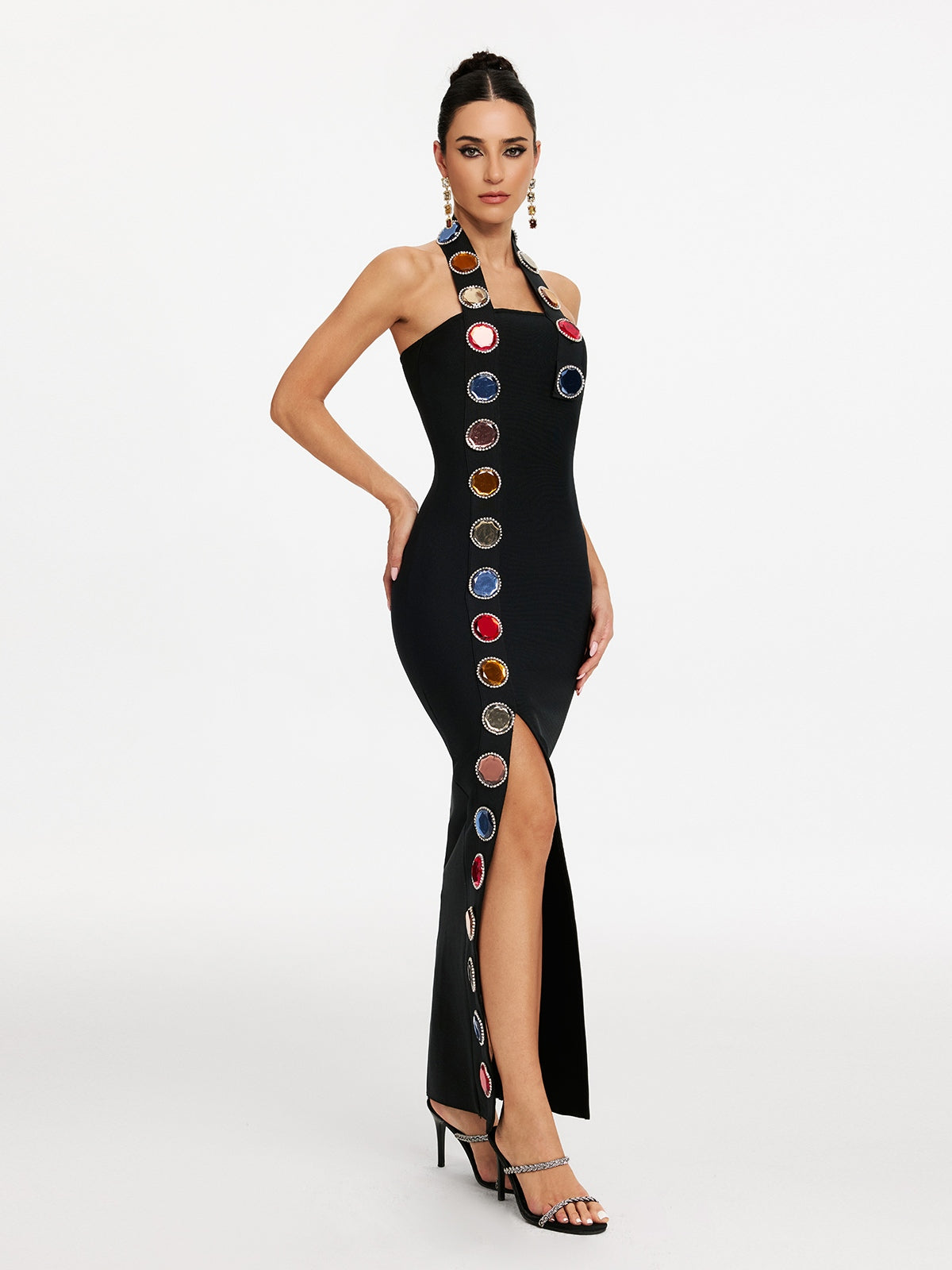 Halter Neck Cabochon Stone Trim High Split Bandage Maxi Dress - View 4