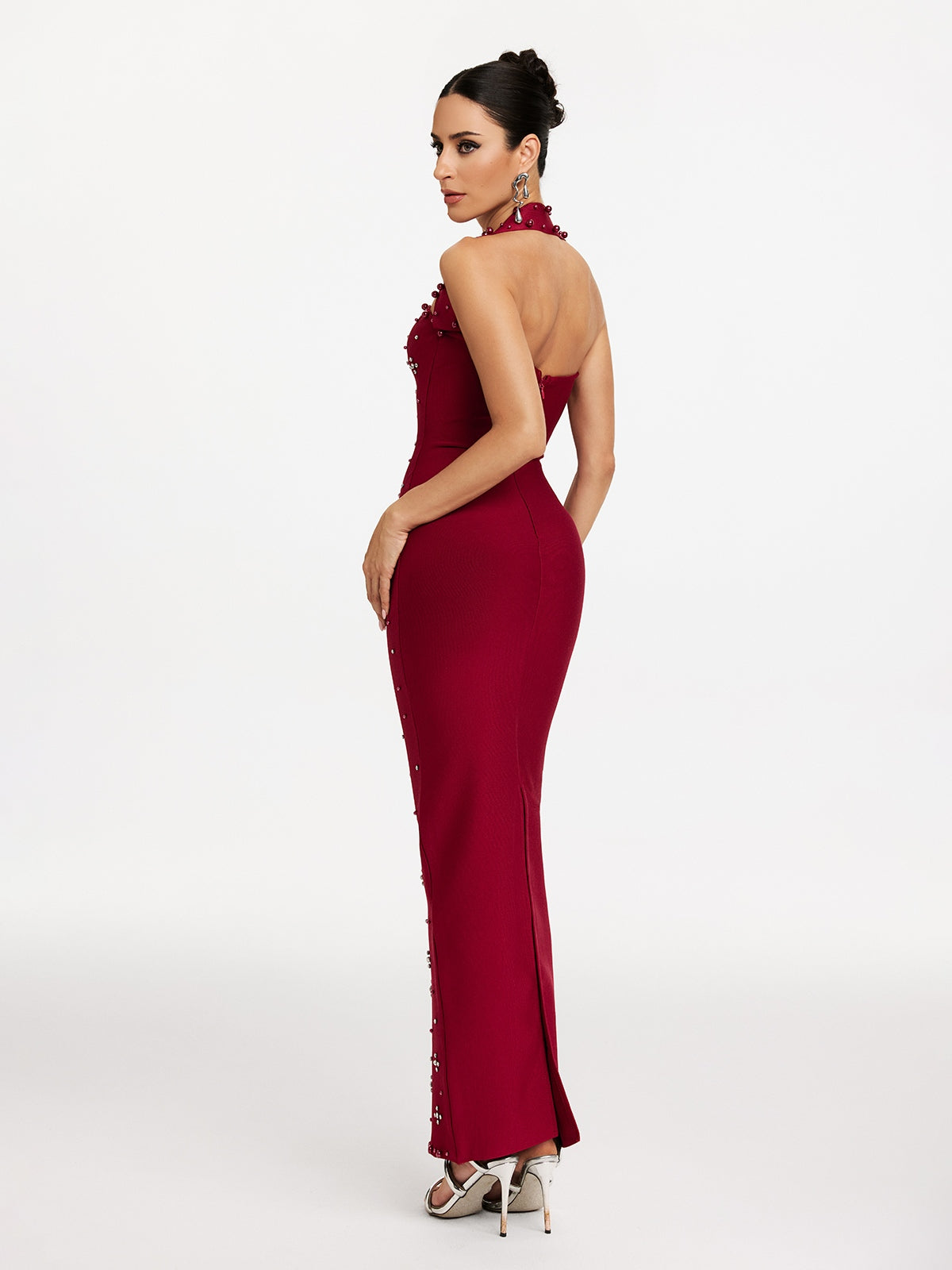 Halter Neck Pearl Rhinestone Bandage Mermaid Maxi Gown - View 6