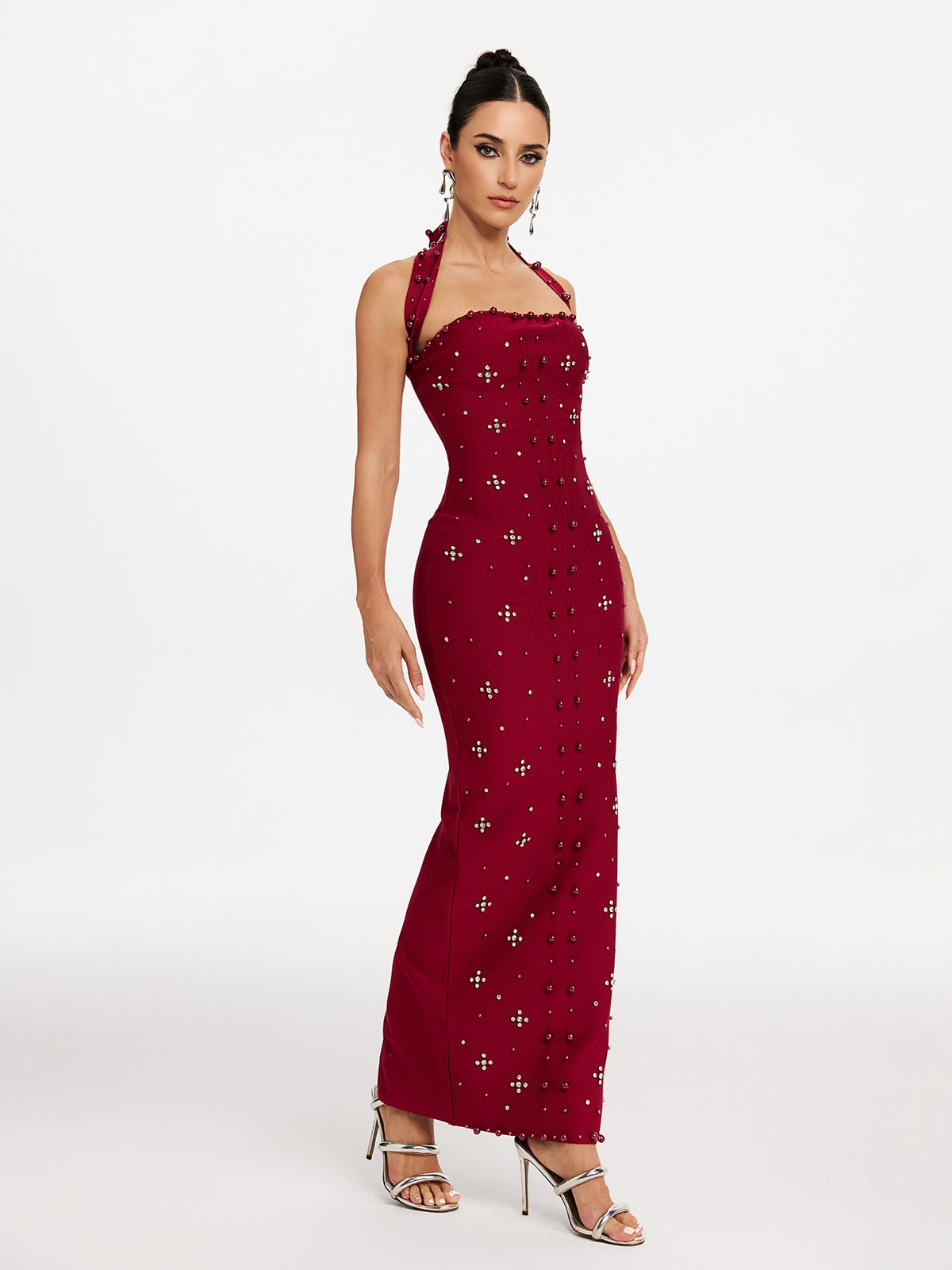 Halter Neck Pearl Rhinestone Bandage Mermaid Maxi Gown - View 4