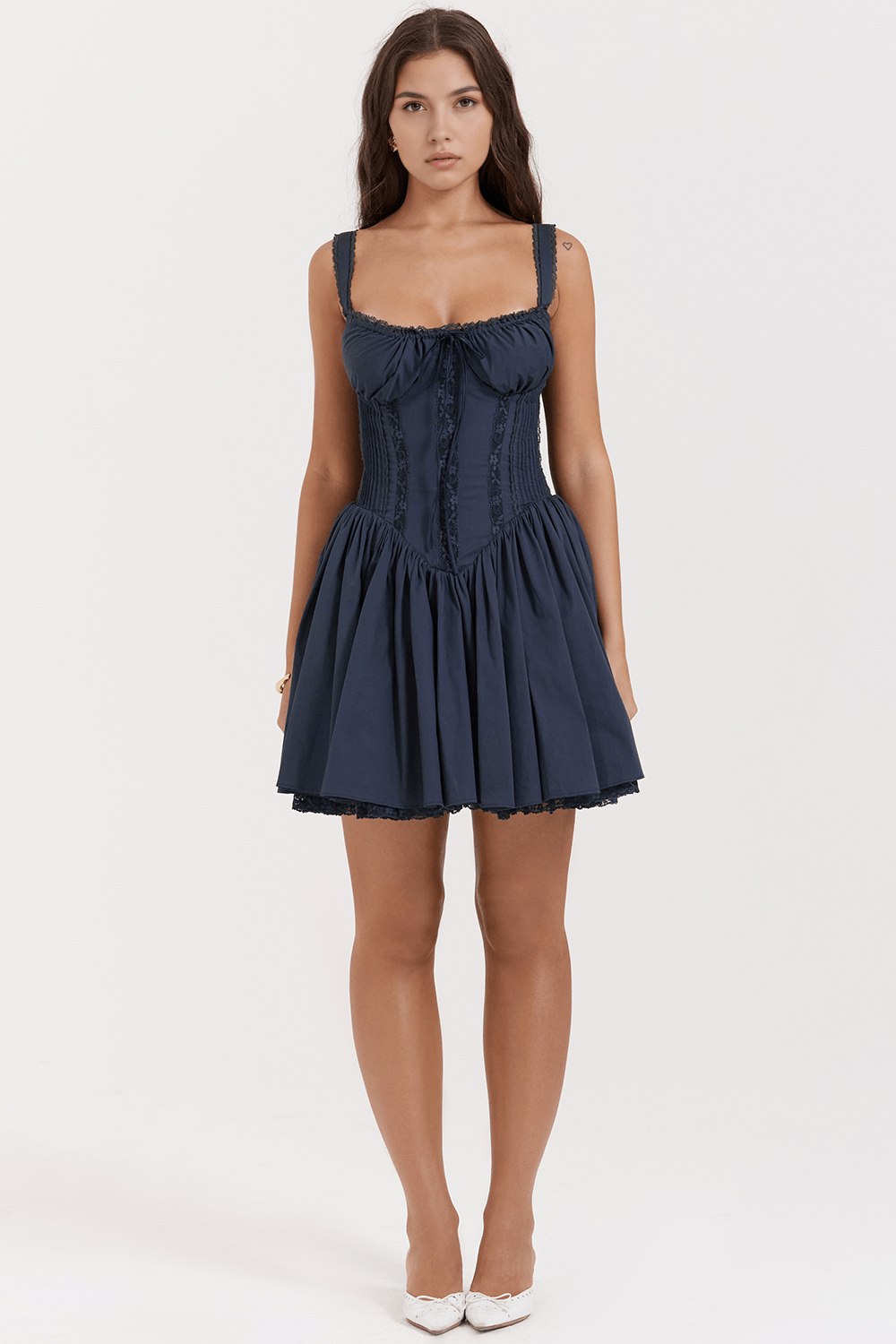 Square Neck Lace Trim Tie Front Corset Mini Dress 16