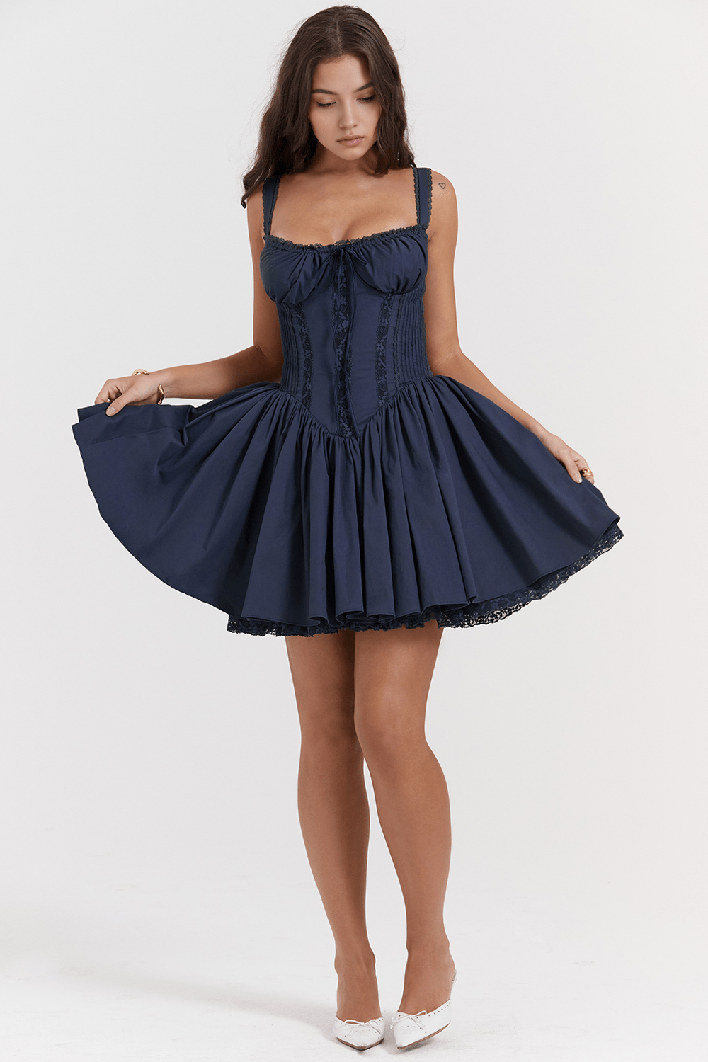 Square Neck Lace Trim Tie Front Corset Mini Dress 19