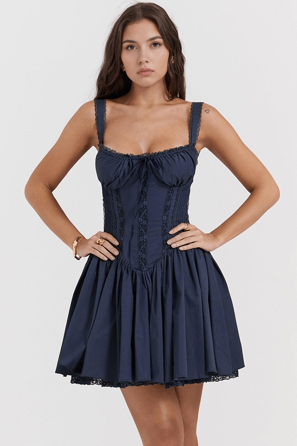 Square Neck Lace Trim Tie Front Corset Mini Dress 2