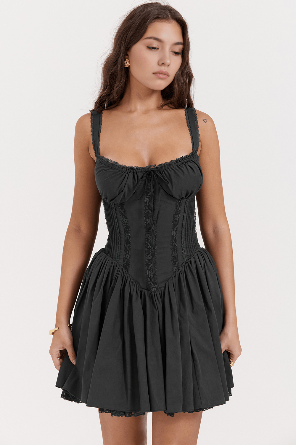 Square Neck Lace Trim Tie Front Corset Mini Dress 4