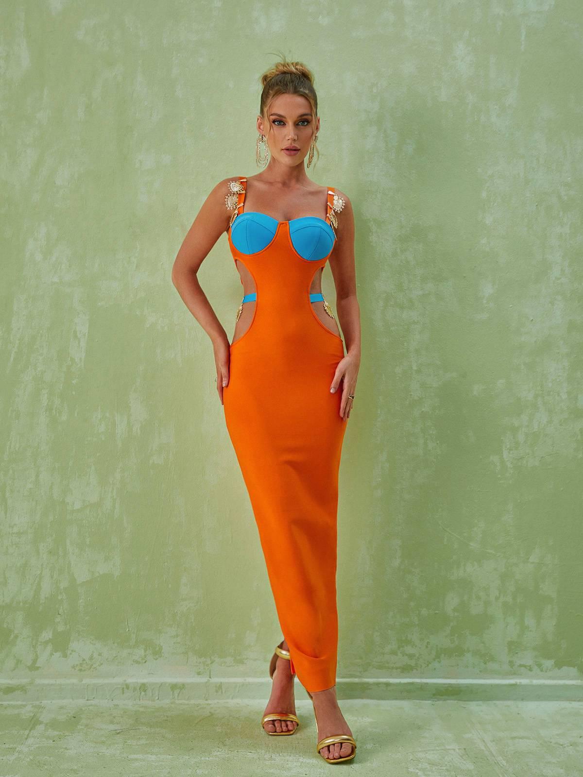 Rhinestone Flower Strap Sweetheart Waist Cut Out Bandage Maxi Dress