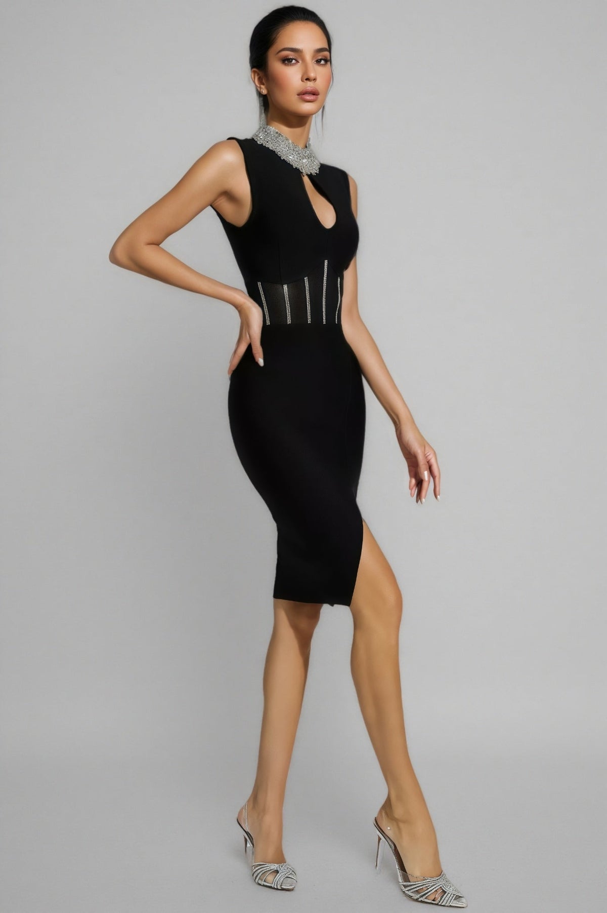 Rhinestone Collar Keyhole Cut Out Corset Mesh Panel Midi Dress - View 5