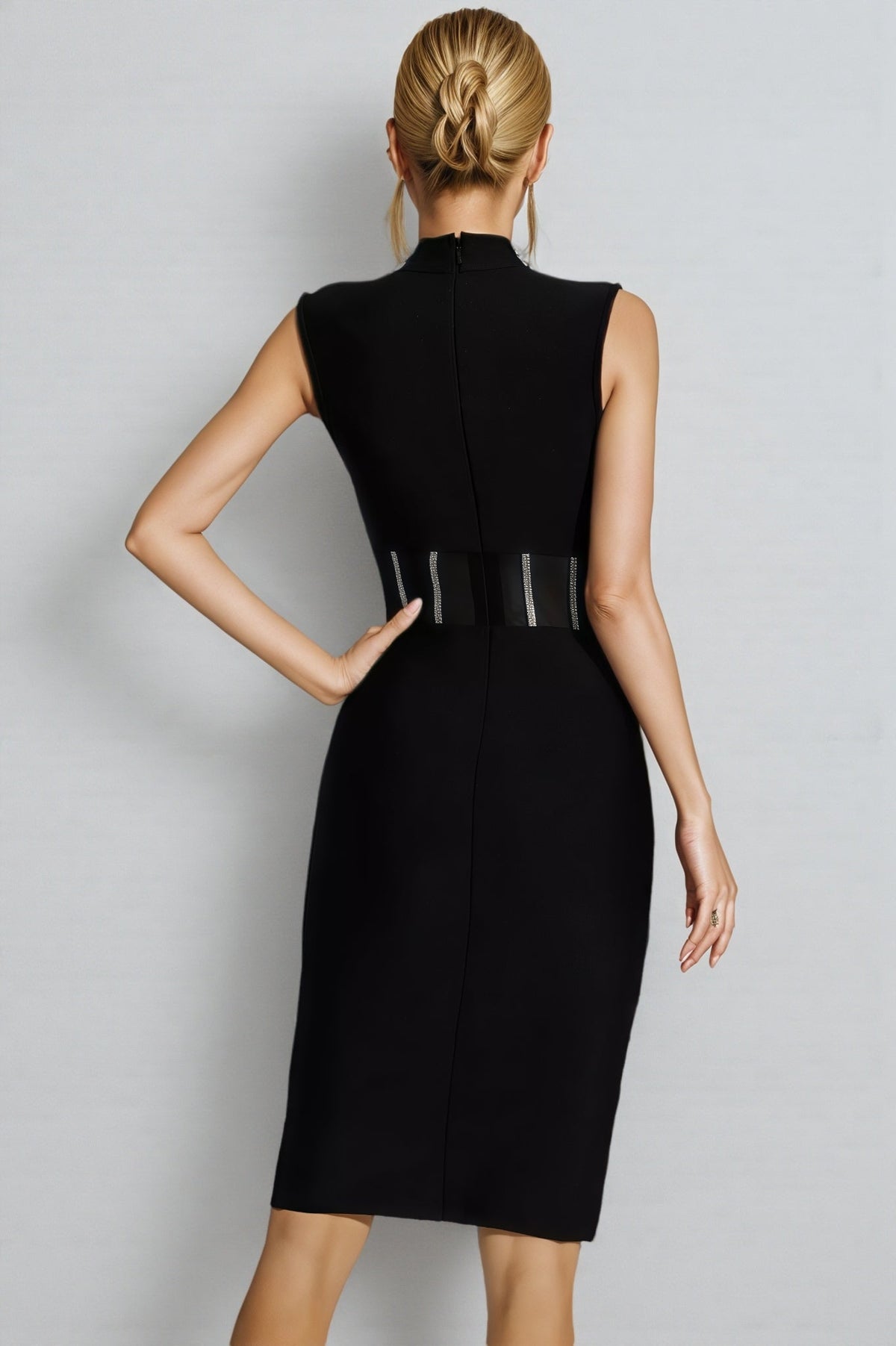 Rhinestone Collar Keyhole Cut Out Corset Mesh Panel Midi Dress - View 6