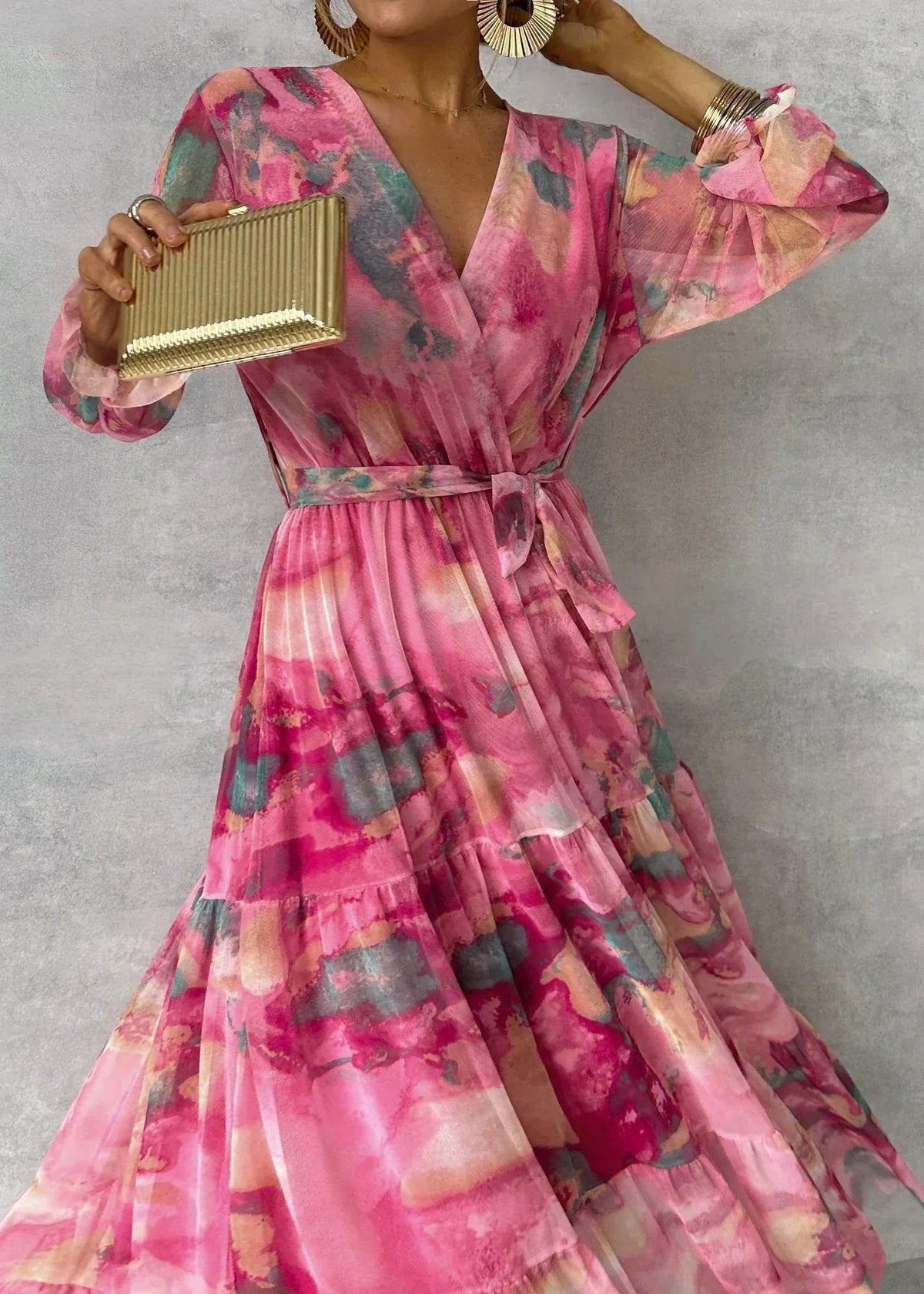 Watercolor Floral V-Neck Long Sleeve Tiered Maxi Dress 4