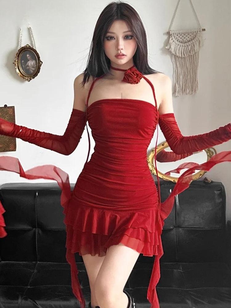 Mesh Ruffled Strapless Mini Dress