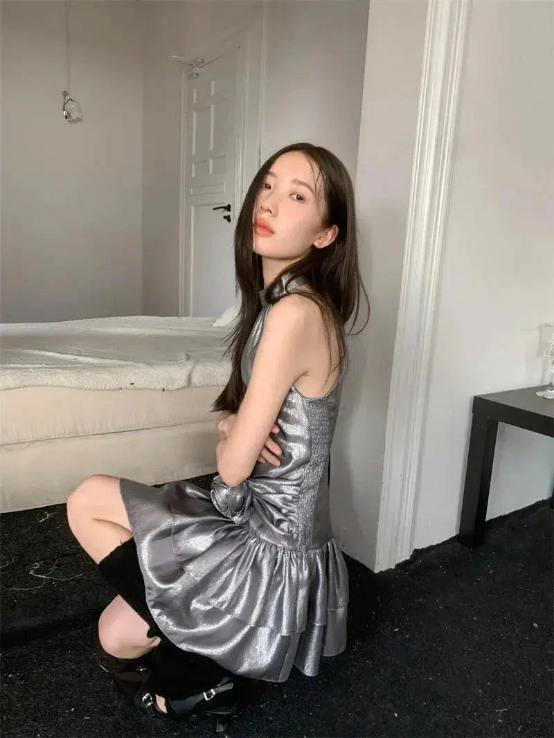 Metallic Halter Neck Sleeveless Rosette Tiered Ruffle Mini Party Dress - View 6