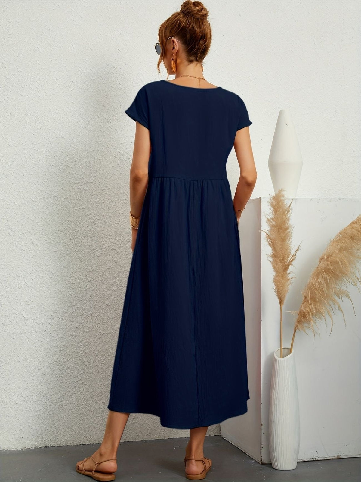 Short Sleeve Crew Neck Empire Waist Side Pocket A-Line Midi Dress - View 10