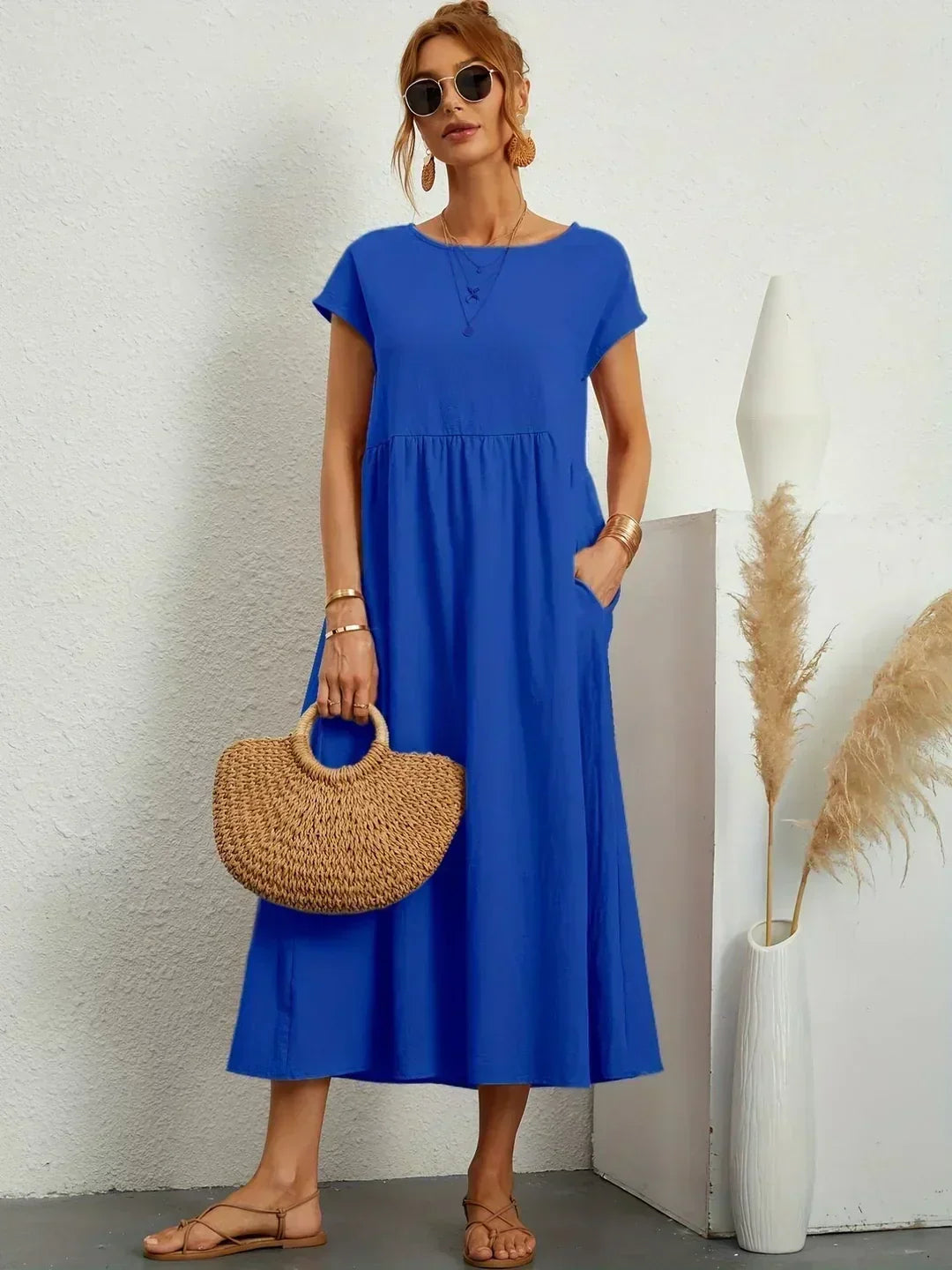 Round Neck Cap Sleeve Babydoll Midi Dress 11