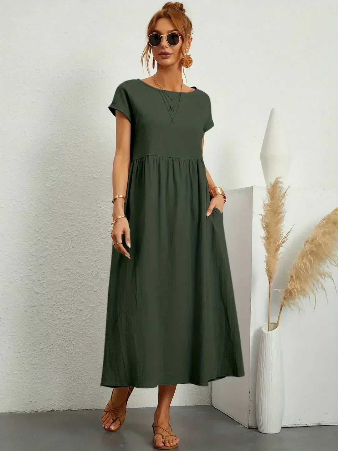 Round Neck Cap Sleeve Babydoll Midi Dress 9