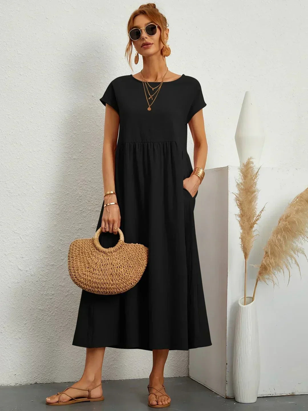 Round Neck Cap Sleeve Babydoll Midi Dress 7