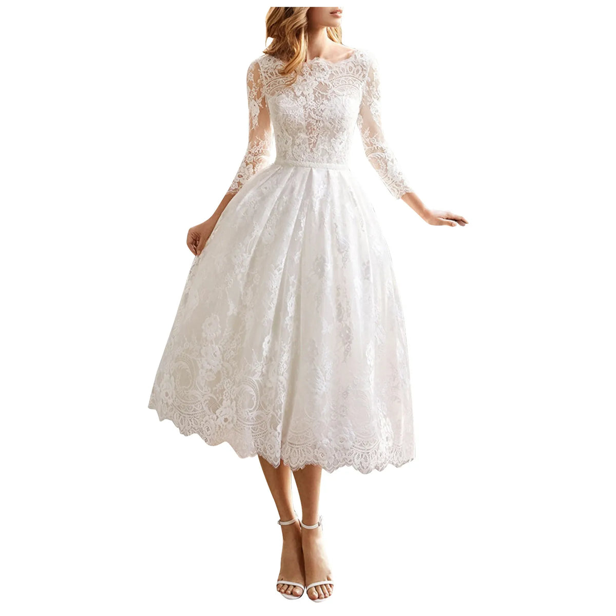 Long Sleeved Backless Slim Fitting White Lace Midi Dress - View 3
