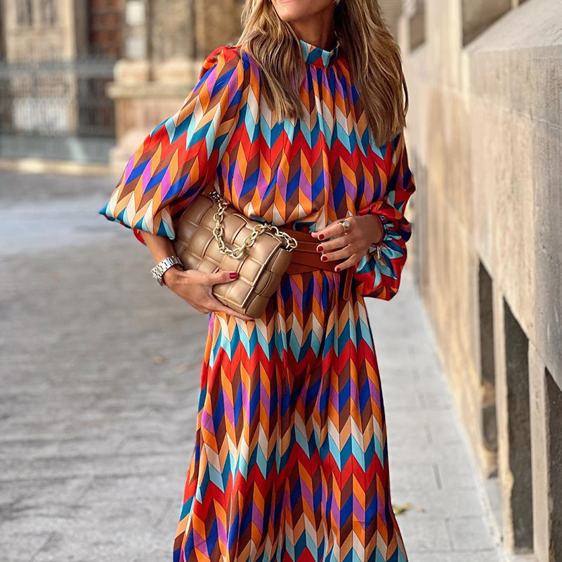 Chevron Print High Neck Sleeveless Belted Pleated Midi Dress - View 3