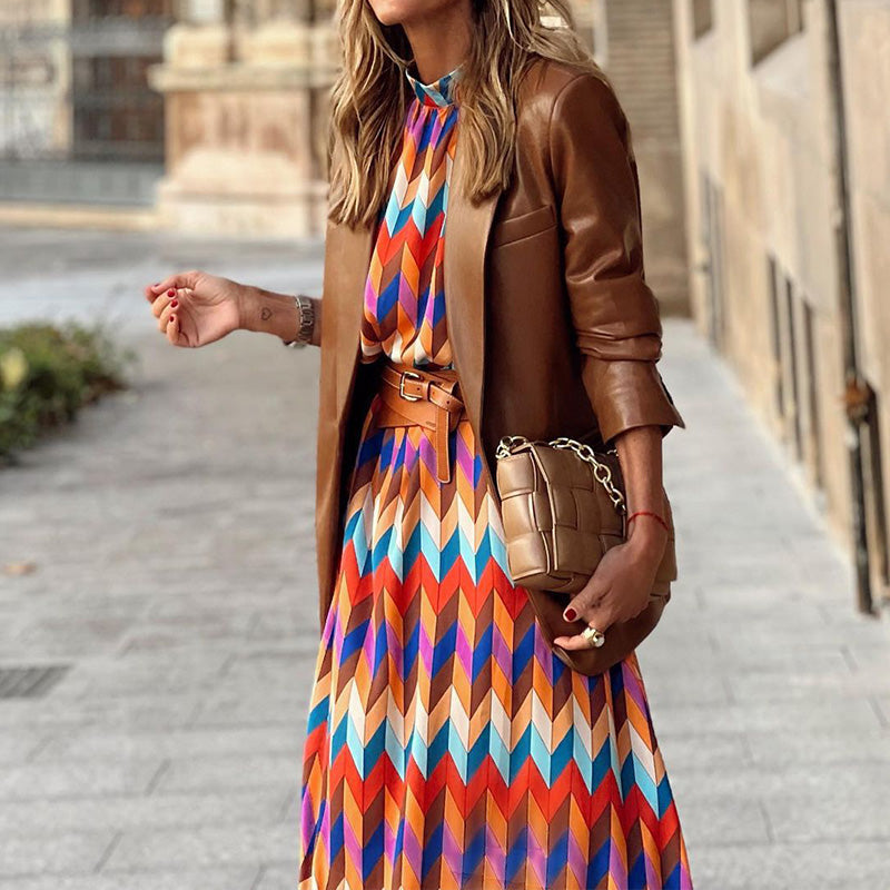Chevron Print High Neck Sleeveless Belted Pleated Midi Dress in Red