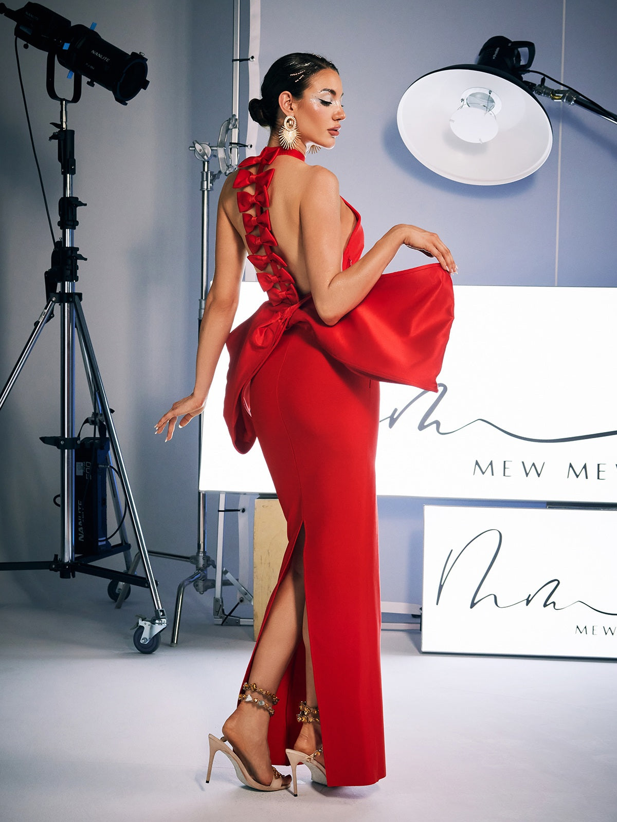 Halter Neck Backless Statement Bow Back Bandage Gown - View 6
