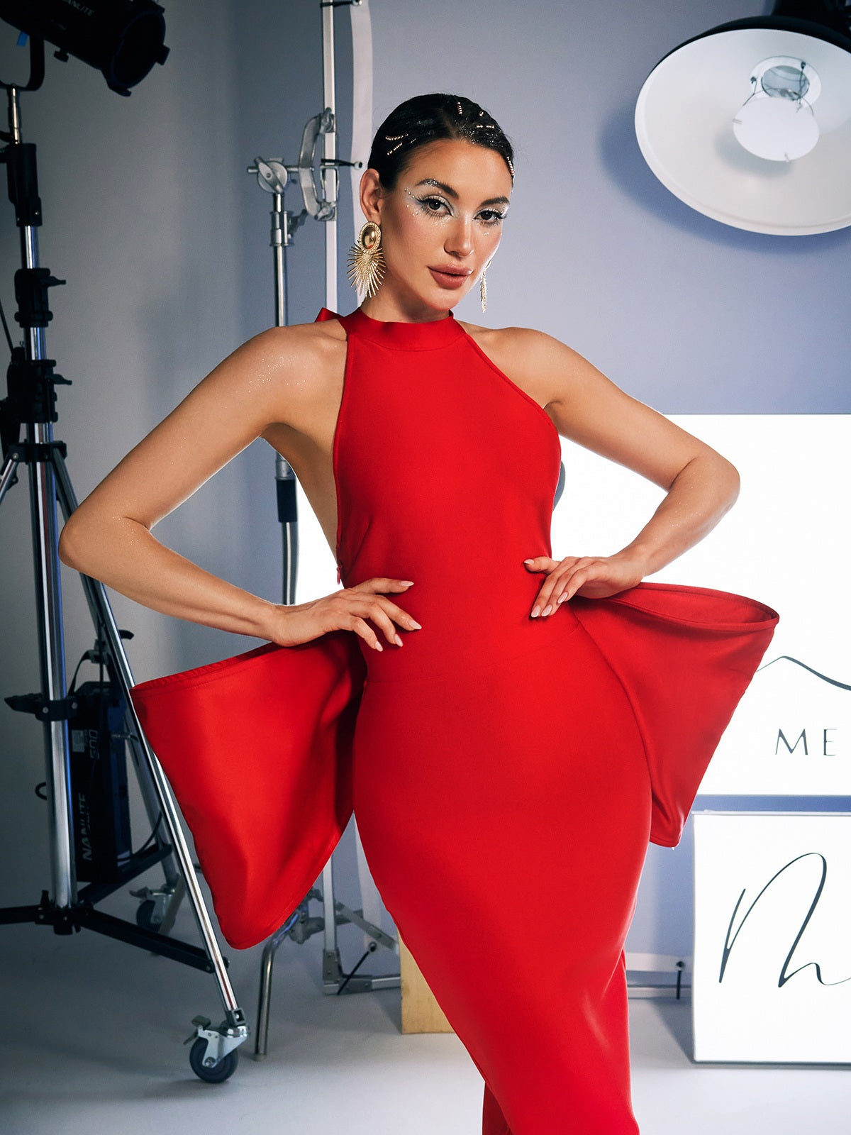 Halter Neck Backless Statement Bow Back Bandage Gown - View 4