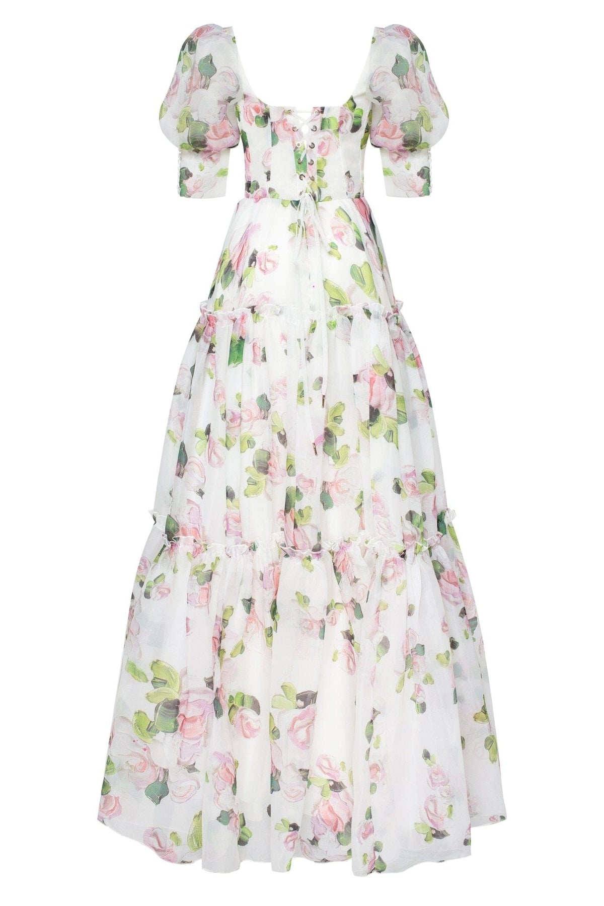 Floral Off Shoulder Puff Sleeve Tiered Maxi Gown 4