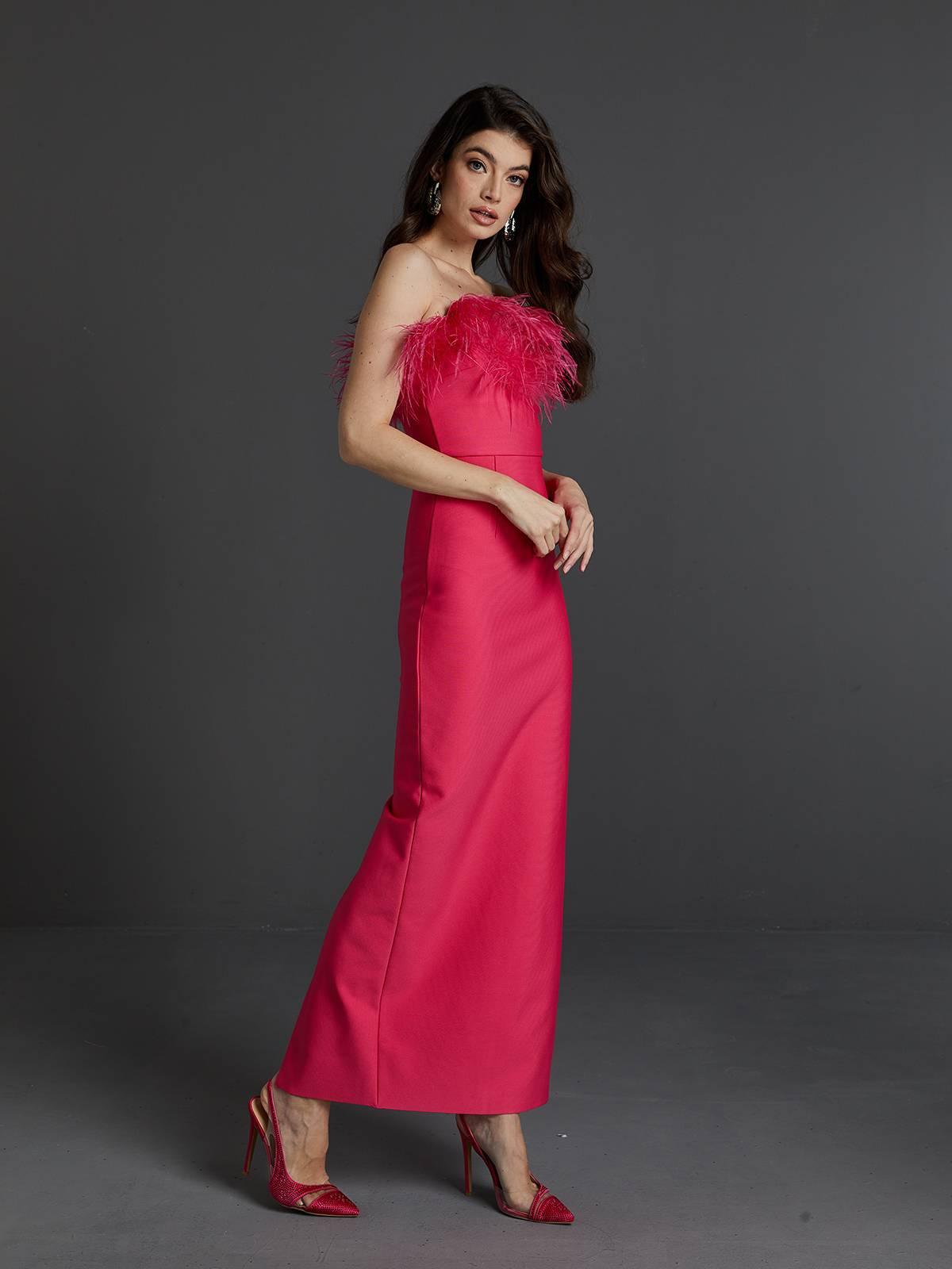 Mina Strapless Feather Trimmed Bandage Dress In Hot Pink - View 5