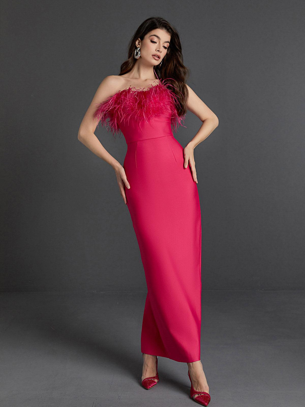 Mina Strapless Feather Trimmed Bandage Dress In Hot Pink - View 2